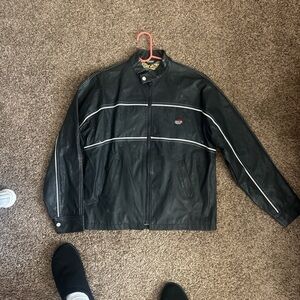 Men's Black Leather Bomber Jacket with White Stripes